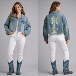 DG2 Diane Gilman Jacket Womens 3XL Blue Frayed Hem Mandalla Embellished Stretch